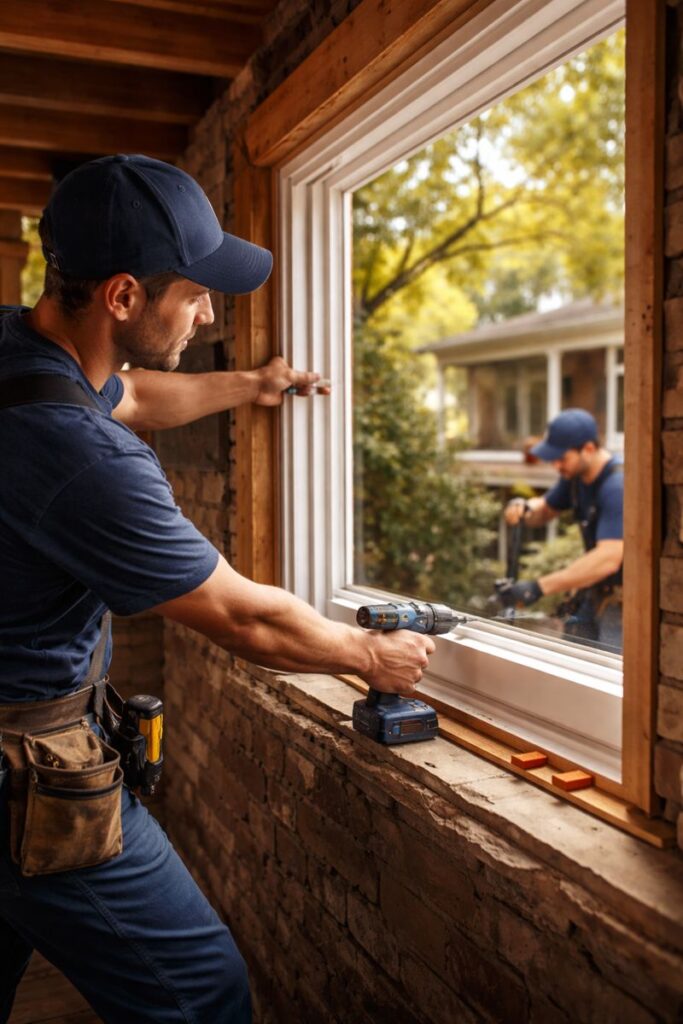 Close up of a custom measured window frame being professionally installed in an older home in {City} {State}, showing precise fit, careful craftsmanship, and detailed installation work in a well established neighborhood.