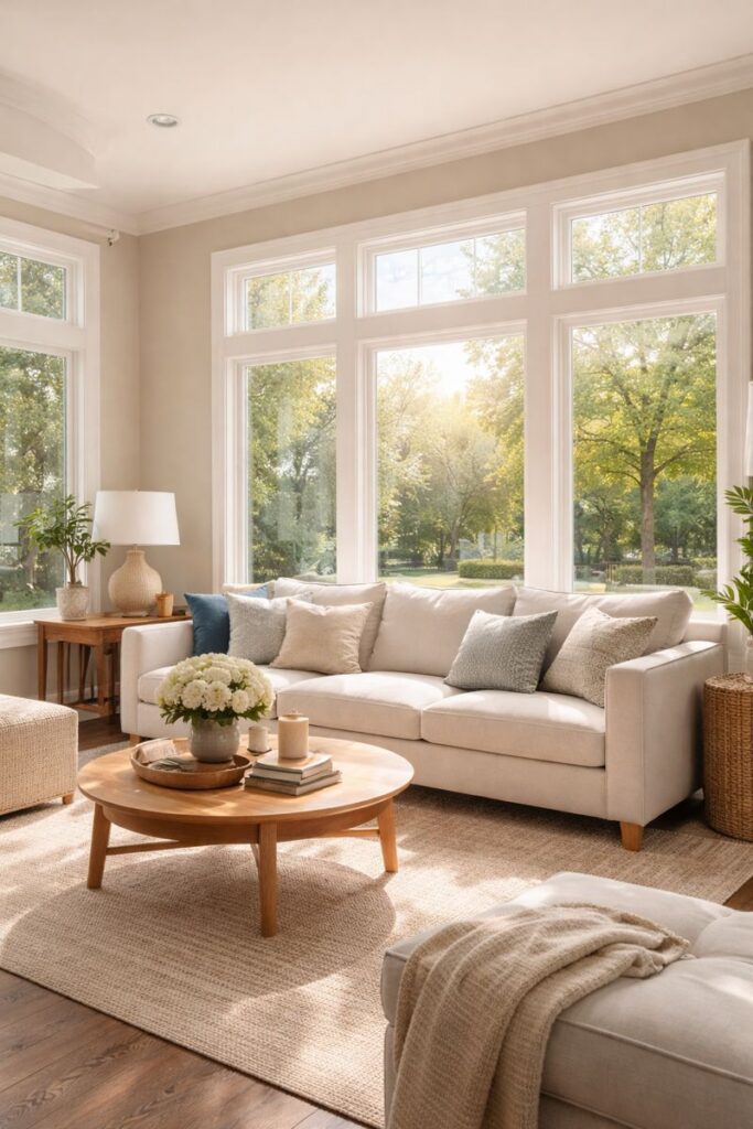 Sunlit living room with energy-efficient windows installed in {City} {State}, showing controlled natural light, improved comfort, and modern home efficiency