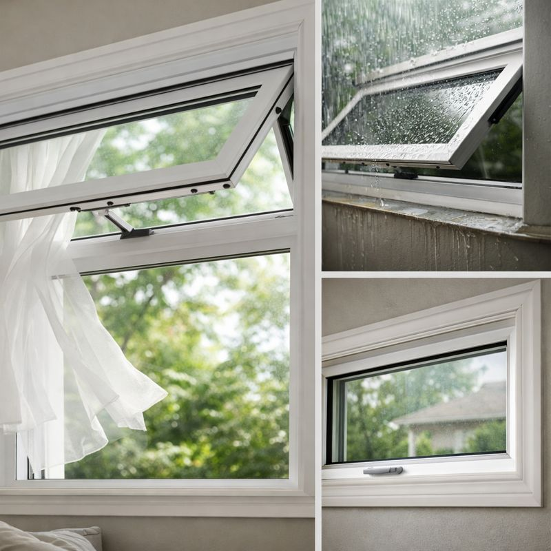 {benefits of awning windows for residential homes|awning window features including ventilation and sealing|awning windows showing airflow and weather resistance}