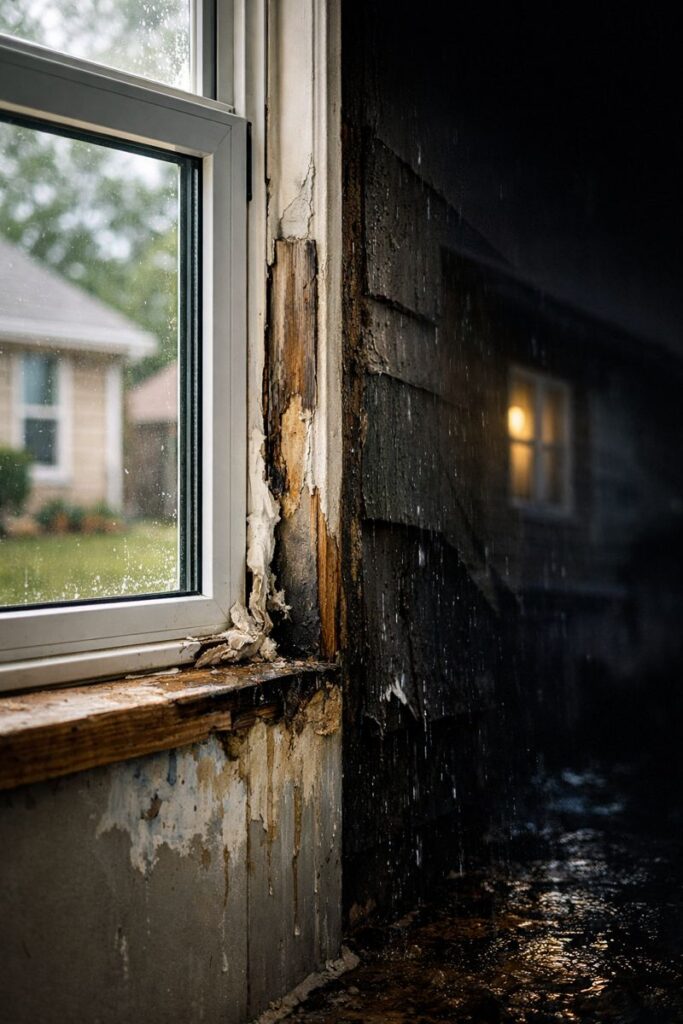Poorly installed window showing moisture damage warped framing and air leakage on a home exterior in {City} {State}, illustrating the risks of improper window installation