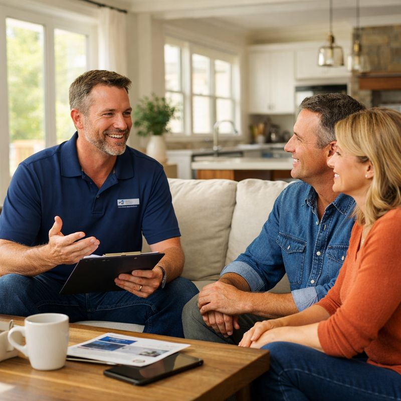 Confident local window installation expert consulting with homeowners inside a bright, modern {City}, {State} home, explaining options with a clear, professional, no-pressure approach focused on trust and accuracy.