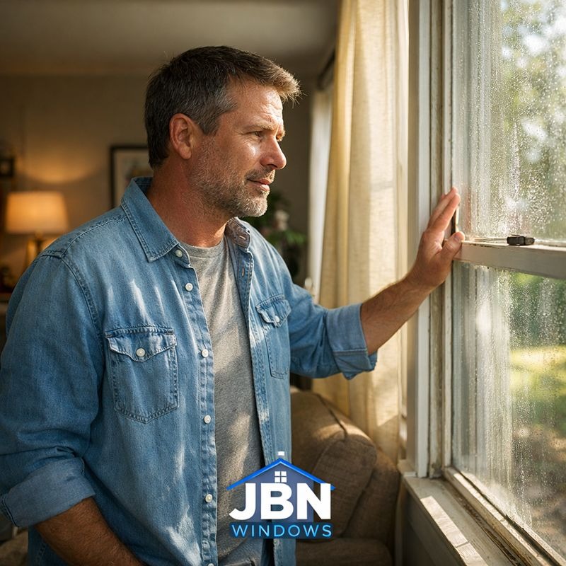 Homeowner evaluating old windows due to drafts, energy loss, and comfort issues