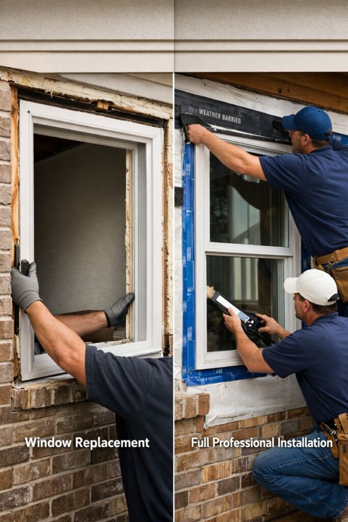 Side by side comparison showing window replacement versus full professional window installation with flashing and sealing in {City} {State}, highlighting proper installation standards for long term performance