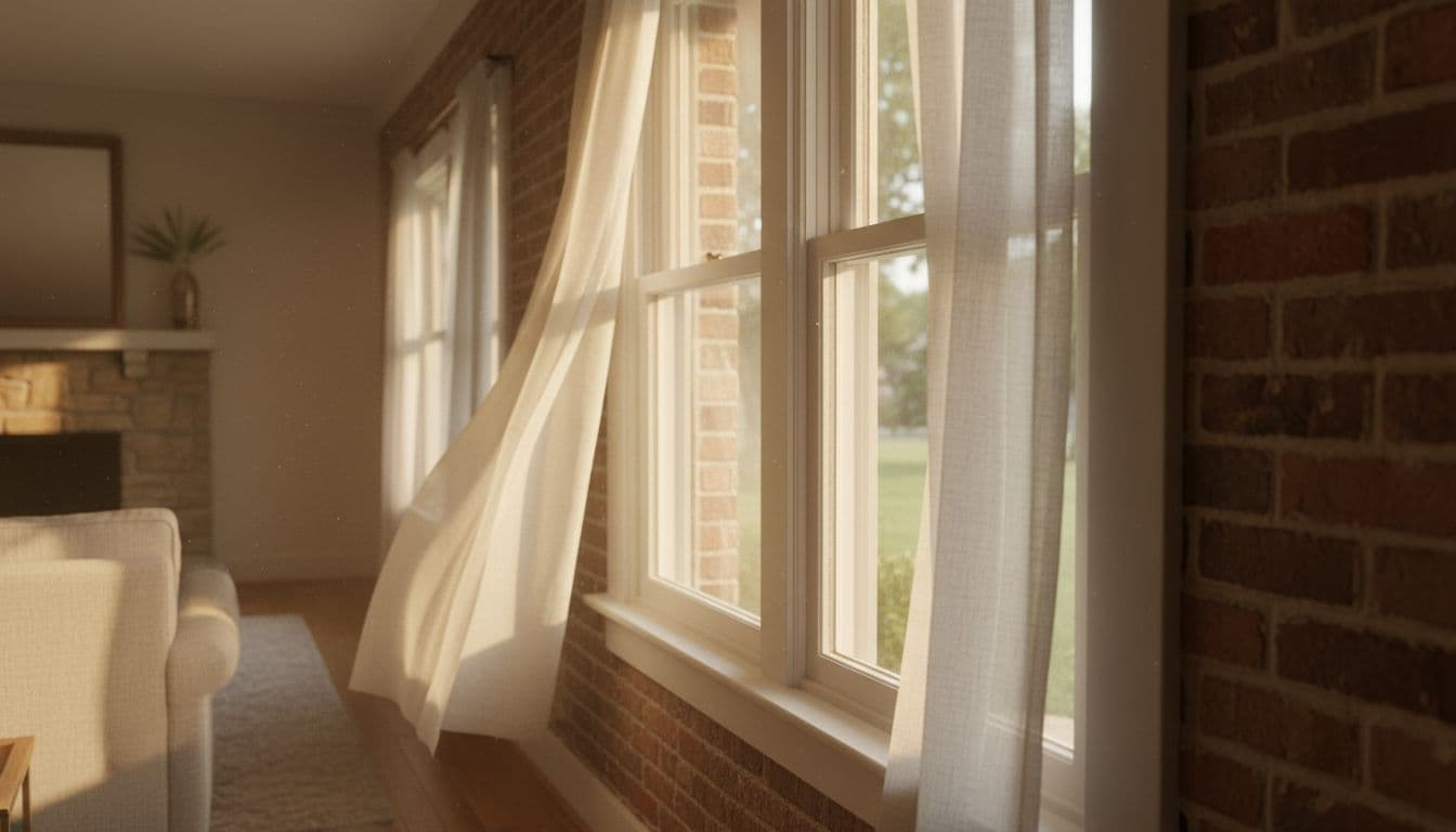 double hung window replacement Corinth cozy North Texas brick home living room with both sashes partially open, allowing a gentle breeze and warm sunlight through light curtains, offering a glimpse of the green yard outside.