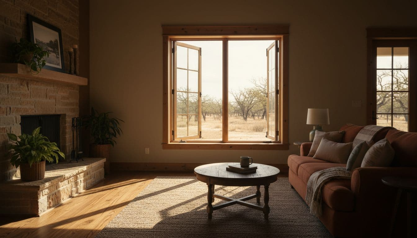 Custom Double Hung Windows for Highland Village Homes 2 Bright comfortable living room in a Highland Village Texas home with custom double hung windows, lower sash tilted open for fresh air, cinematic lighting contrasting cool shaded interior against hot Texas sun.