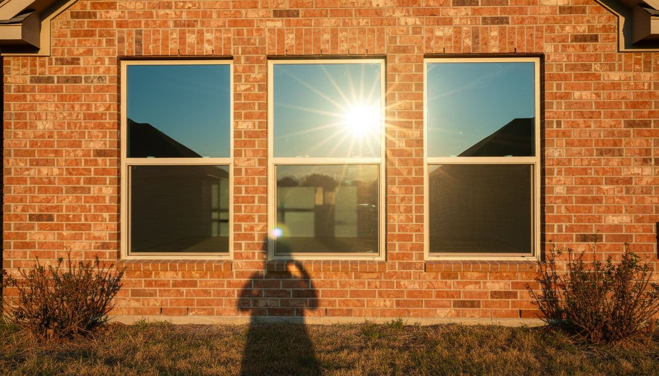 Exterior of a brick North Texas home during intense summer heat, showcasing new energy-efficient double hung windows with low-E glass reflecting sunlight and blocking heat, with cool interior shadows visible through the panes in dramatic golden hour lighting.