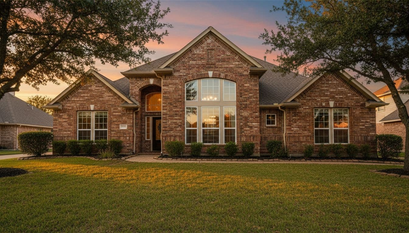 Custom Double Hung Windows for Highland Village Homes 1 Custom double hung windows prominently featured on a two-story brick suburban home in Highland Village, Texas, during golden hour with cinematic lighting and warm earthy tones.
