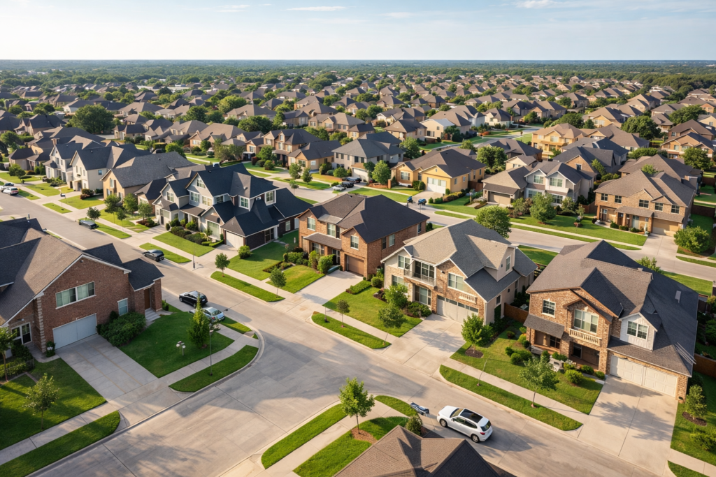 Aerial view of a North Texas suburban neighborhood with multiple homes, consistent architecture, sunny weather