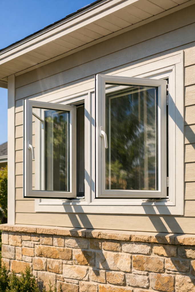 Casement windows on a Texas home during intense sunlight strong shadows blue sky heat shimmer effect durable window frames