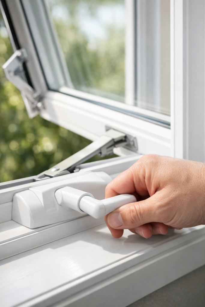 Close-up of a casement window crank mechanism in use, hand turning the handle, window opening smoothly, detailed hardware