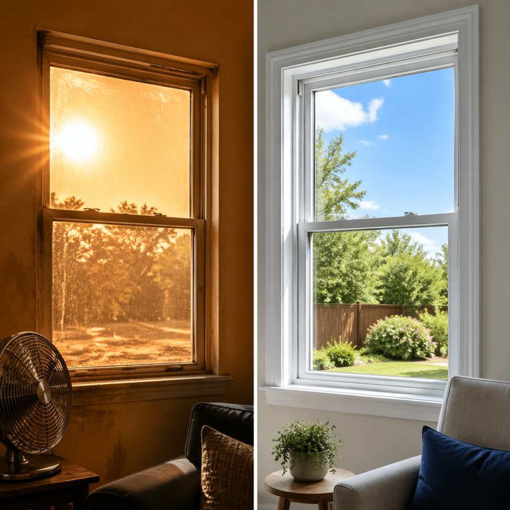 Comparison of old windows vs energy efficient double hung windows reducing heat and improving comfort