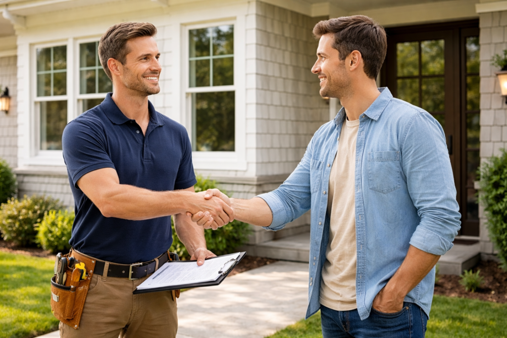 Confident contractor shaking hands with homeowner outside a finished home trust building moment clean exterior