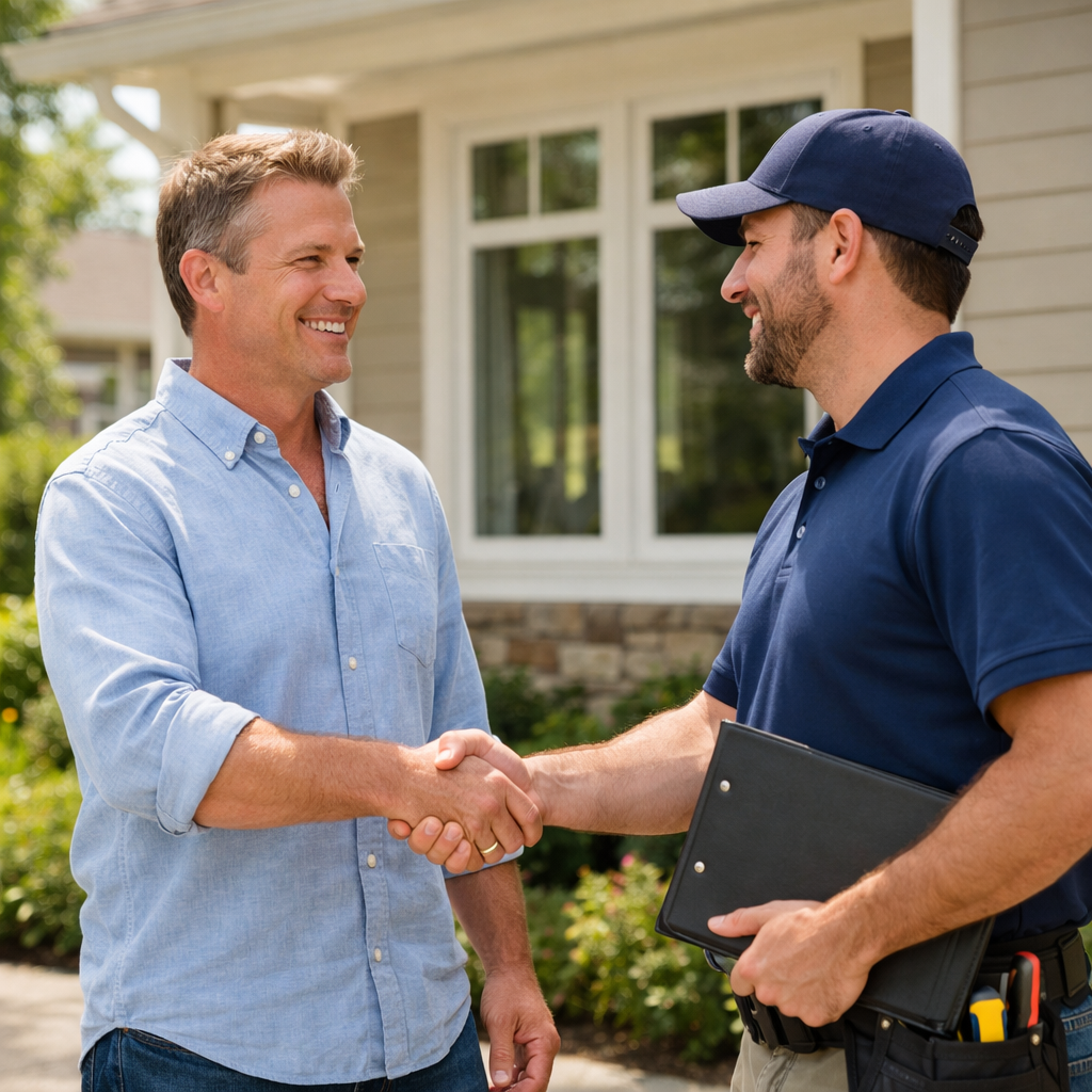 Confident homeowner shaking hands with a professional window contractor outside a home friendly interaction clean residential setting