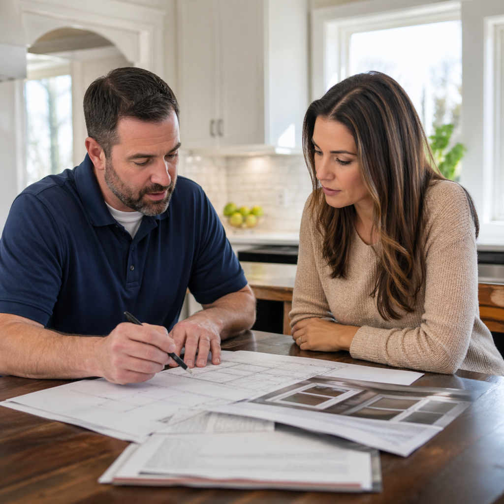 Contractor discussing permits and paperwork for window replacement project