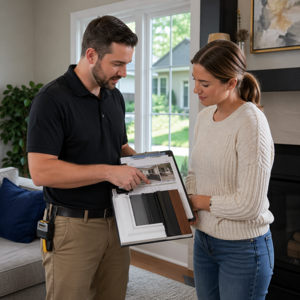 Contractor explaining window replacement costs and options to homeowner