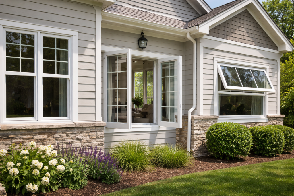 Display of multiple window styles installed on a home including double hung, casement, and awning windows
