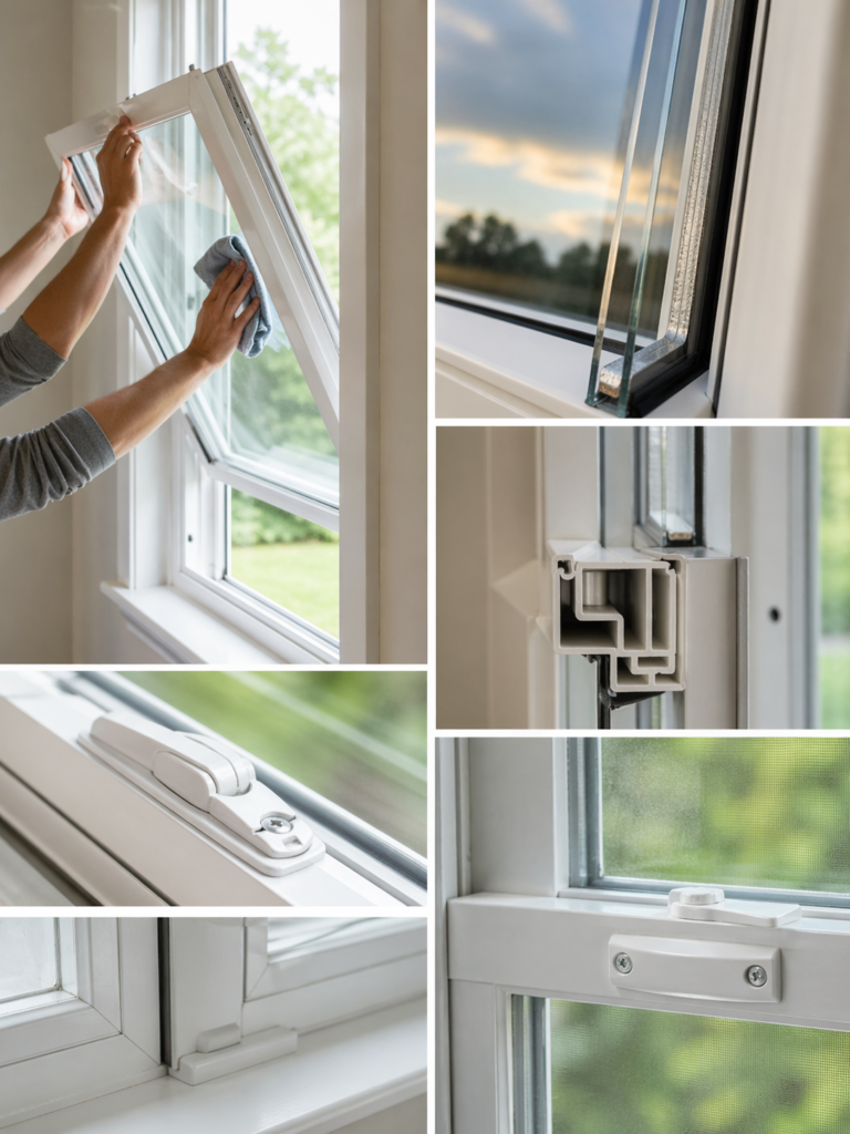 Features of double hung windows including tilt in cleaning energy efficient glass and secure frames