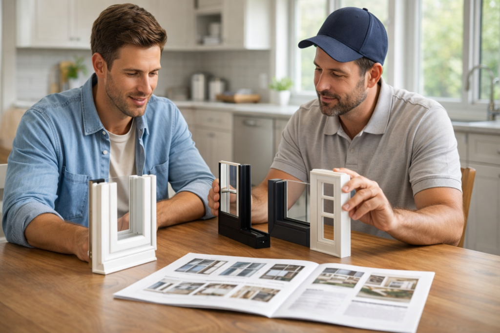 Homeowner and contractor reviewing window samples and options together at a kitchen table