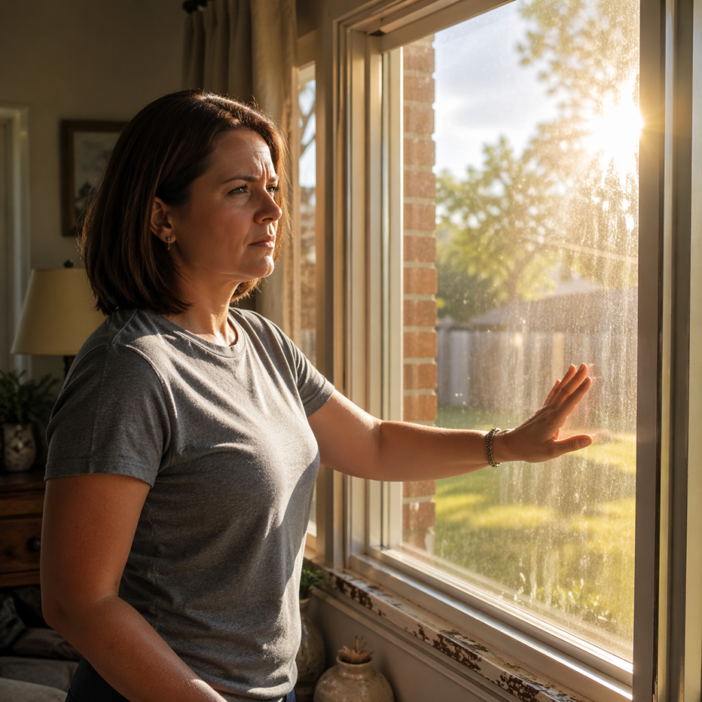 Homeowner checking old window with sunlight and heat coming through glass