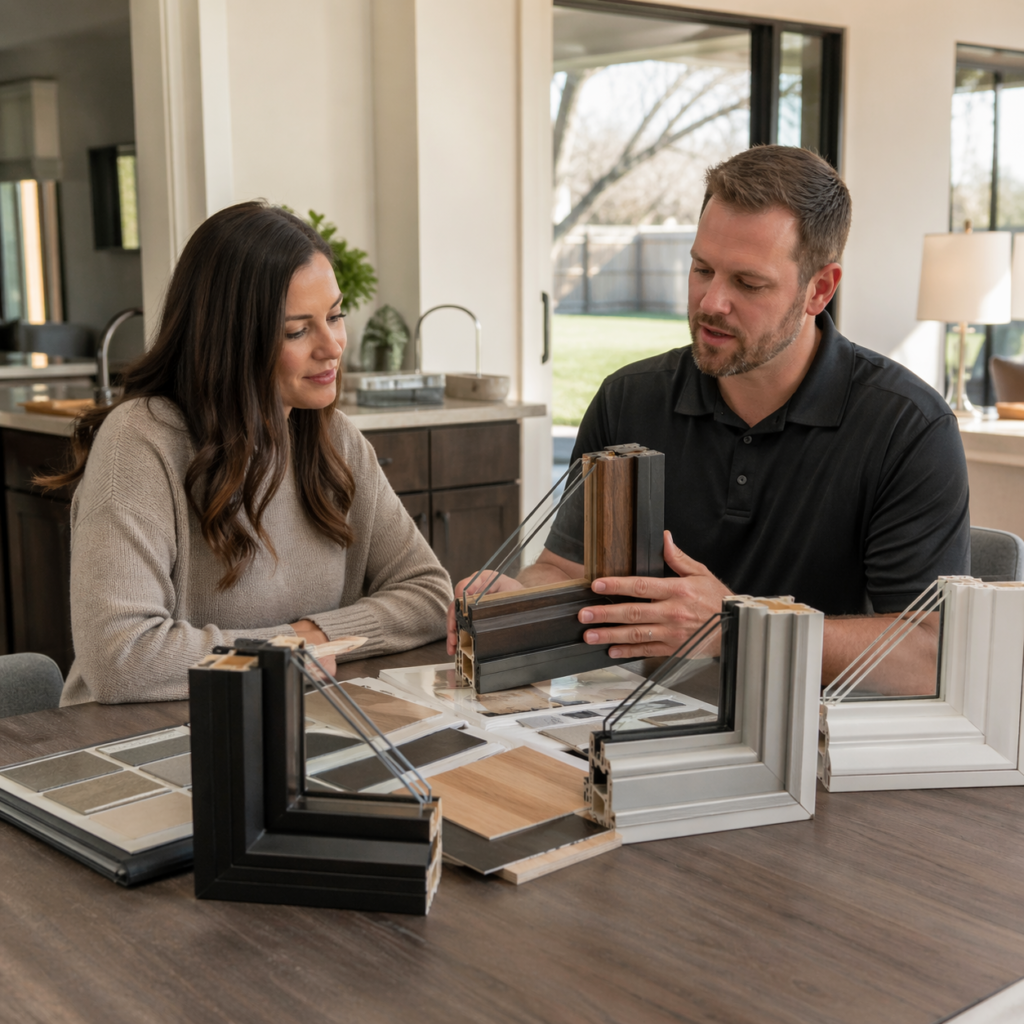 Homeowner comparing window styles and materials with contractor consultation