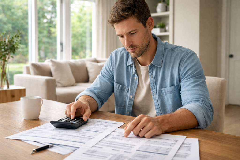Homeowner reviewing pricing documents and estimates with calculator and paperwork on a table, focused expression