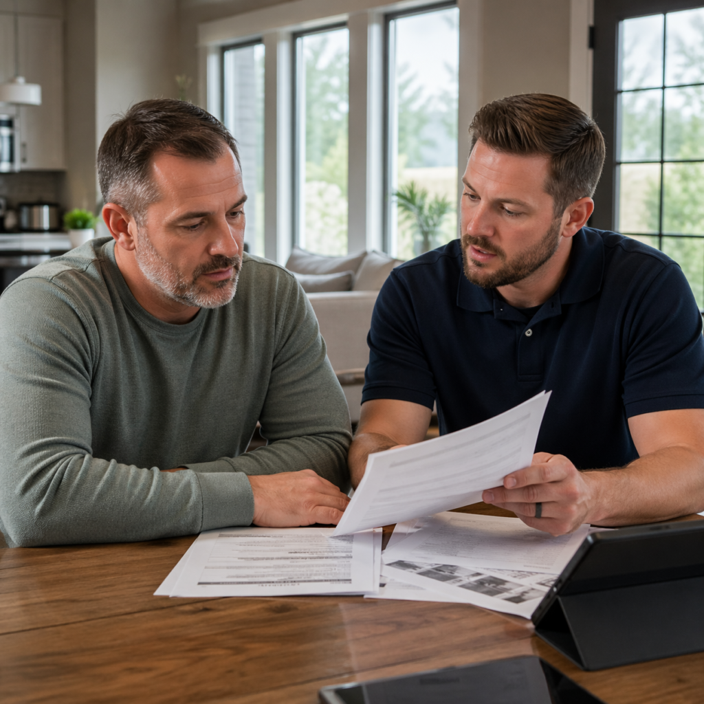 Homeowner reviewing window warranty details with contractor
