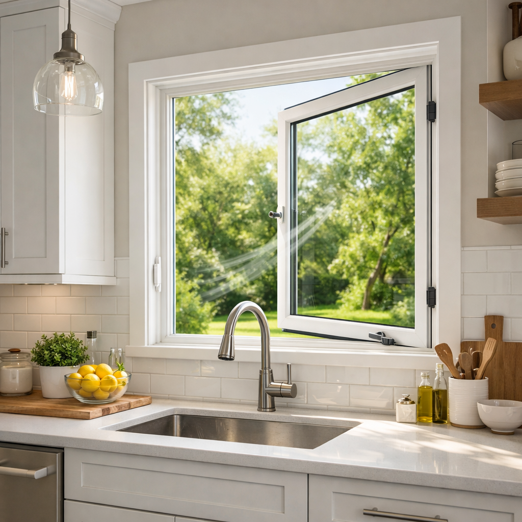 Interior kitchen scene with a casement window open above a sink, fresh air flowing in, modern kitchen design,