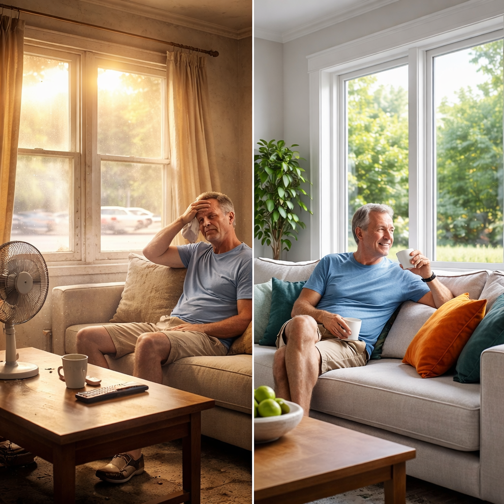 Modern North Texas home interior split-scene concept, left side showing an older living room with worn single-pane windows, visible light drafts