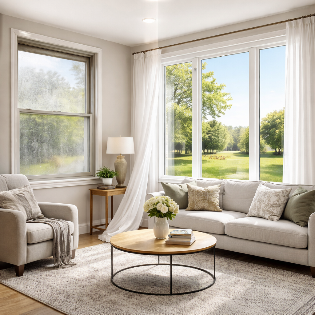 Modern North Texas home interior with large, newly installed energy-efficient windows allowing bright natural light to fill the room