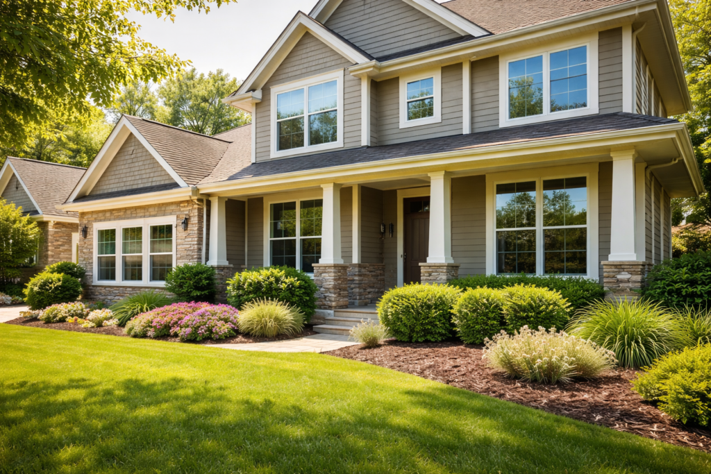 Modern North Texas suburban home exterior during bright daylight, clean landscaping, well-maintained lawn, showcasing large energy-efficient windows