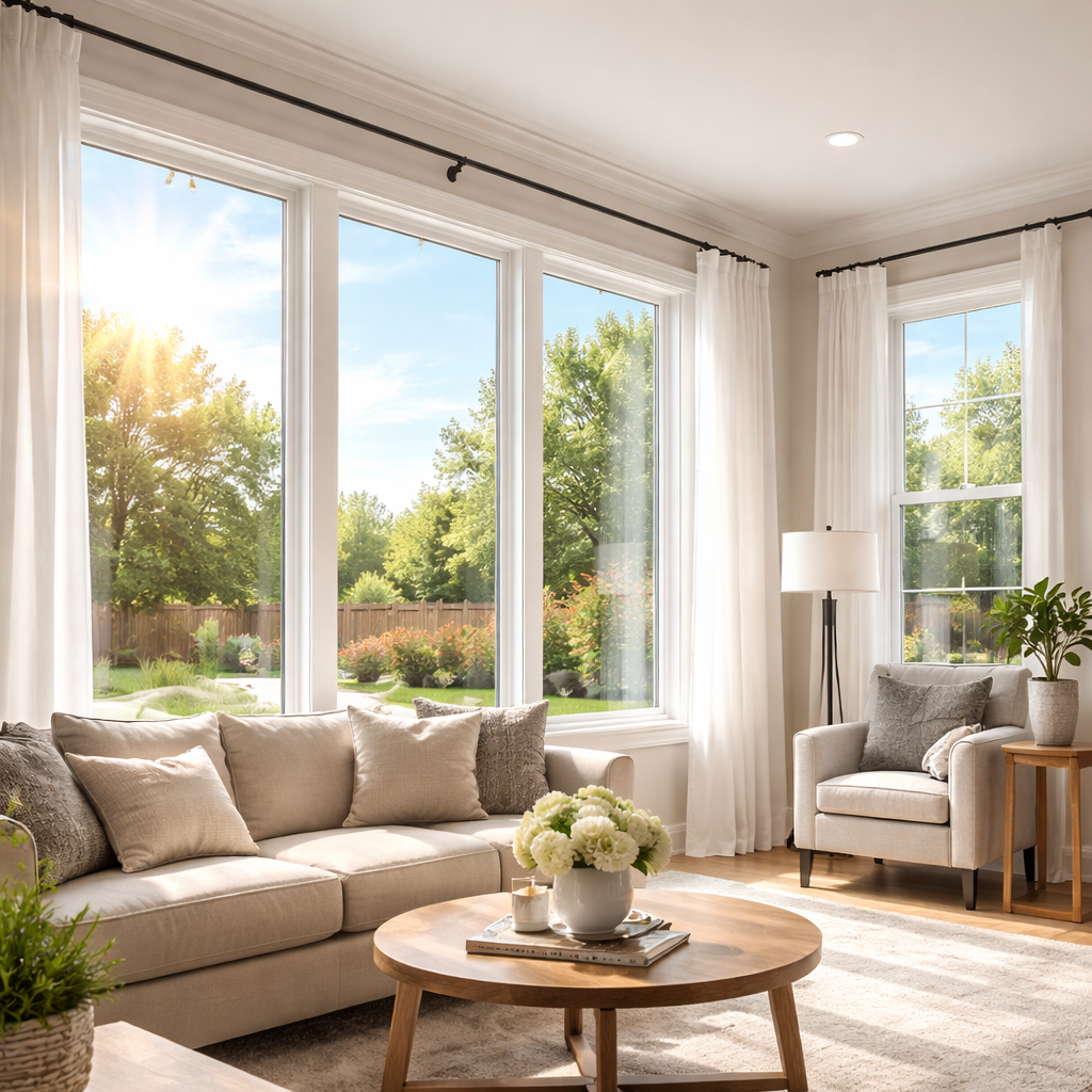 North Texas home interior with large newly installed energy efficient windows bright natural sunlight pouring through crystal clear double pane glass