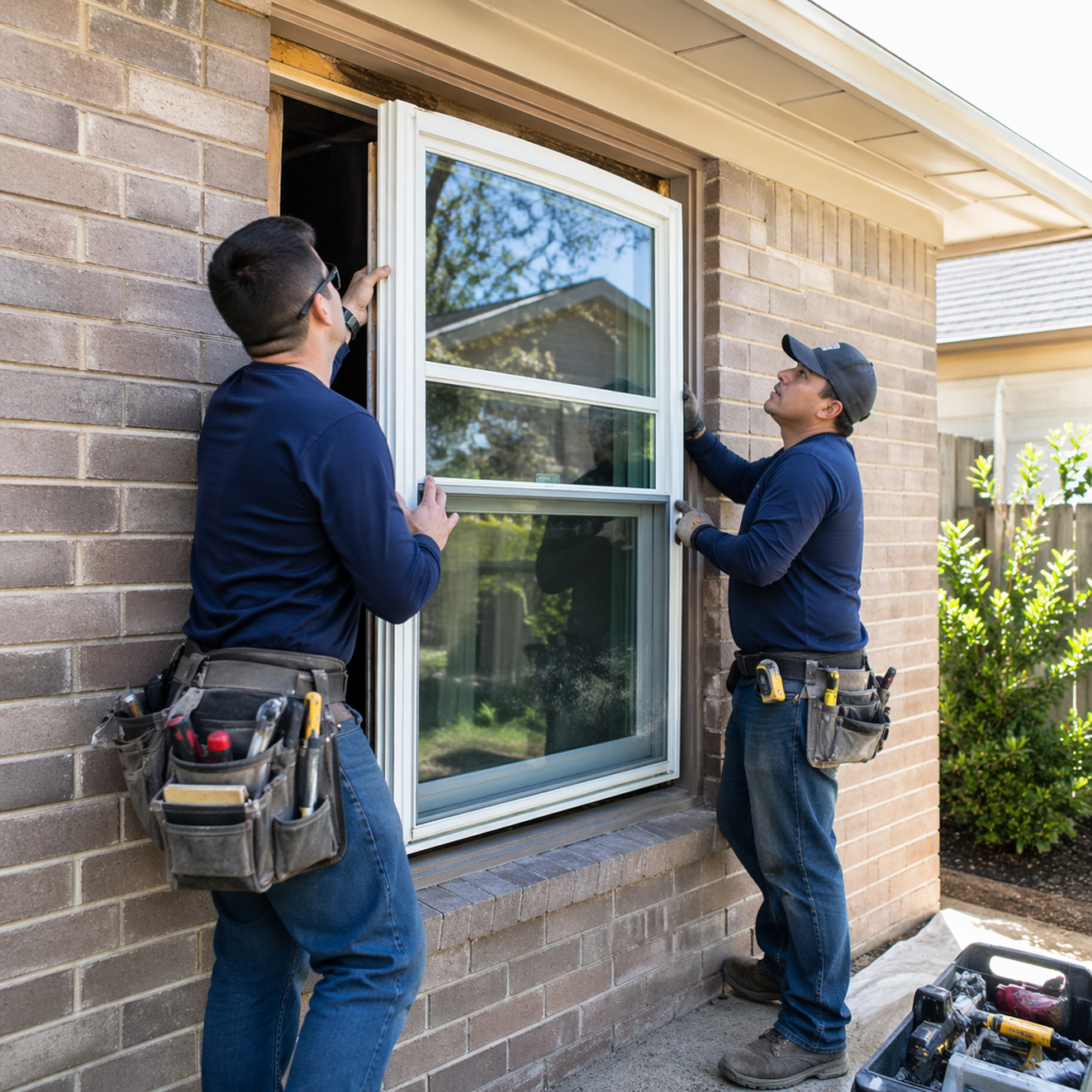 Professional installation of double hung windows in Denton Texas home by experienced crew