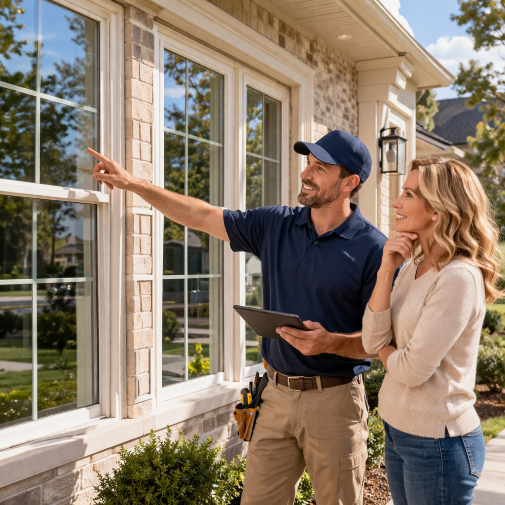 Professional window contractor speaking with homeowner outside a home