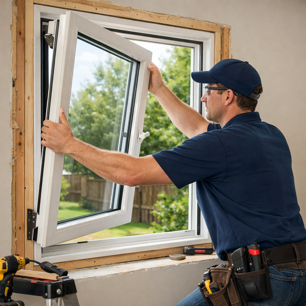 Professional window installer carefully fitting a casement window into a home frame tools visible clean job site uniformed technician