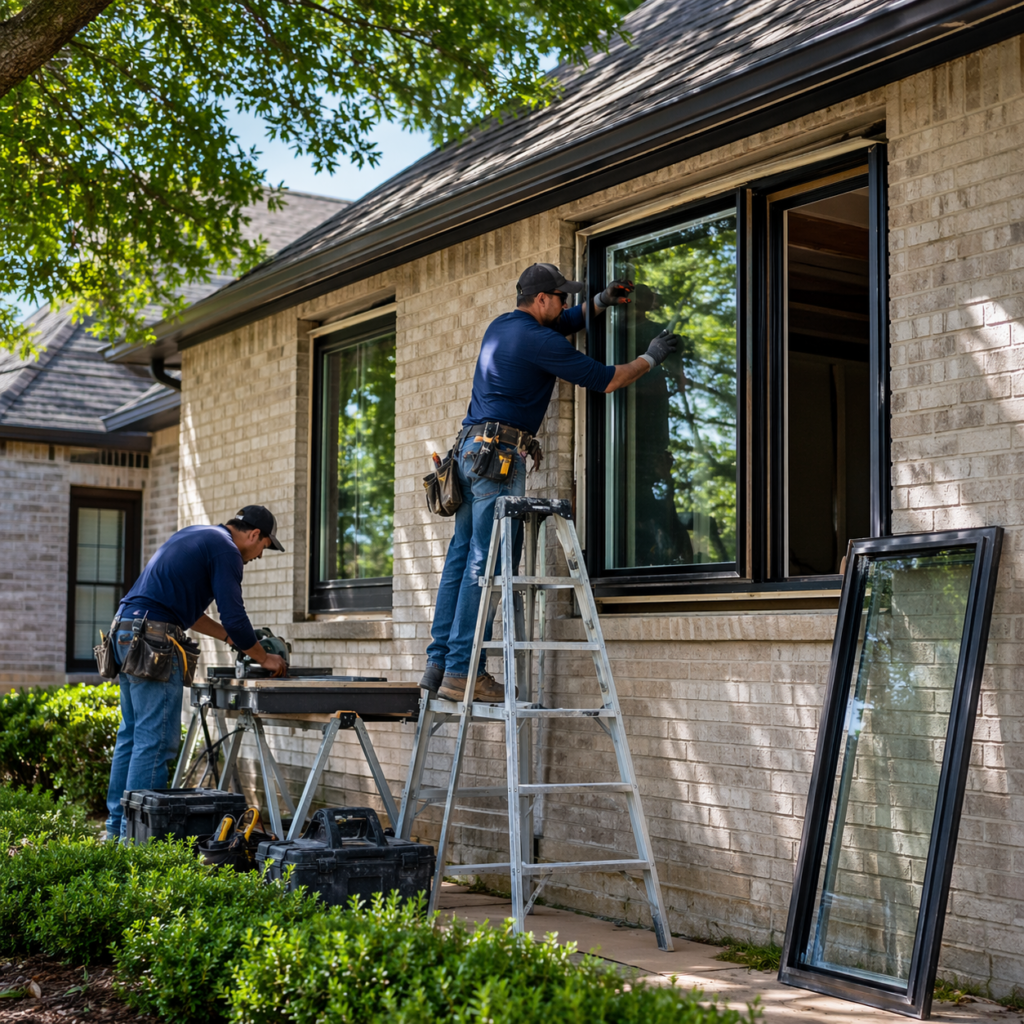 Professional window installers replacing residential windows during daytime project