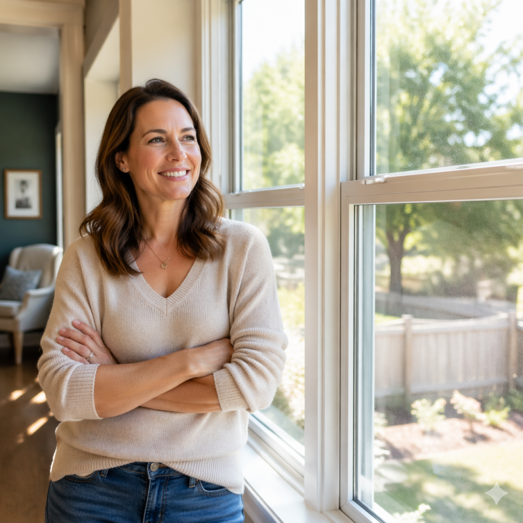 Satisfied homeowner enjoying new energy-efficient double hung windows in Denton Texas home