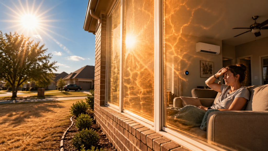 Texas home with west-facing windows radiating intense summer heat, causing indoor discomfort and high energy usage