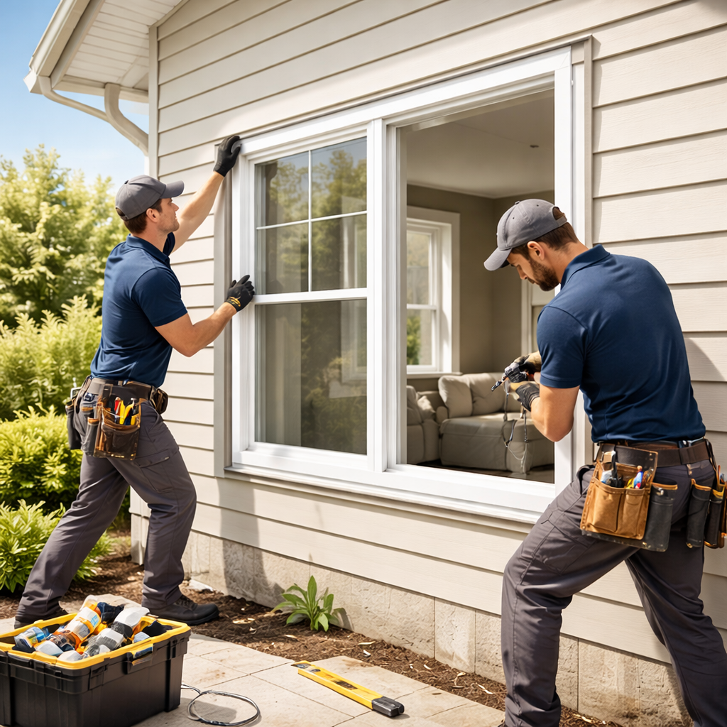 Two skilled installers carefully fitting a large energy-efficient double-hung window into a clean, well-maintained exterior wall