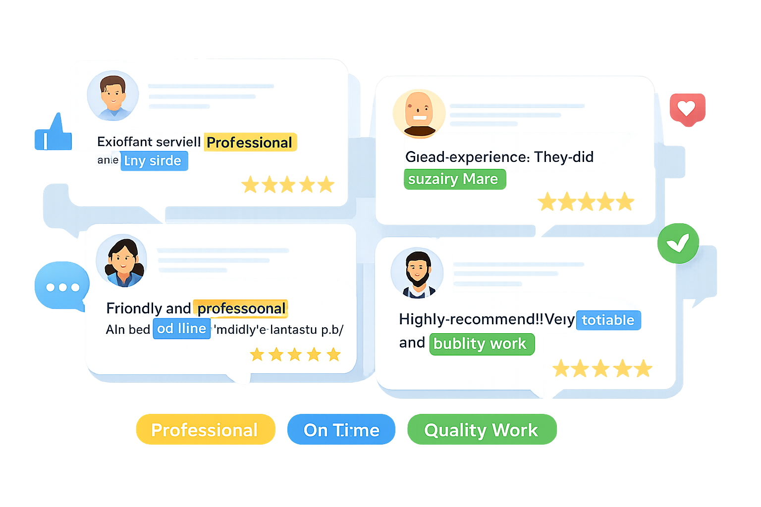 What to Look for in Window Installation Reviews 2 Illustration of online window installation reviews with star ratings and highlighted keywords