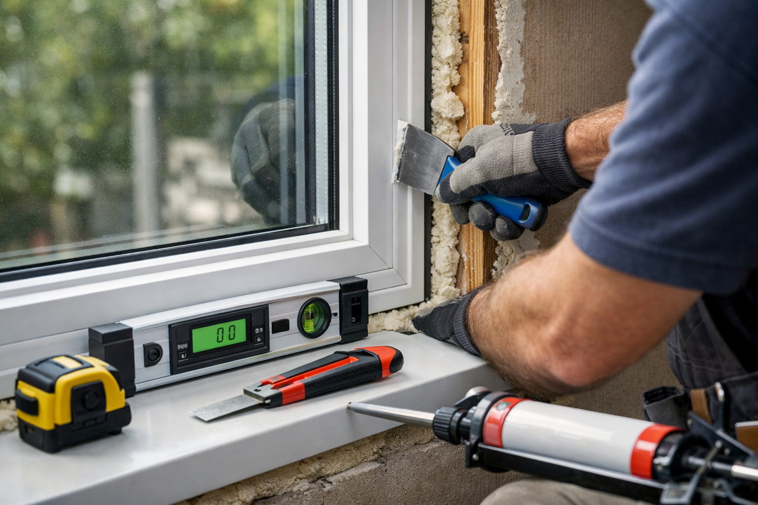 What to Look for in Window Installation Reviews 3 Contractor installing an energy-efficient window with precision tools and insulation