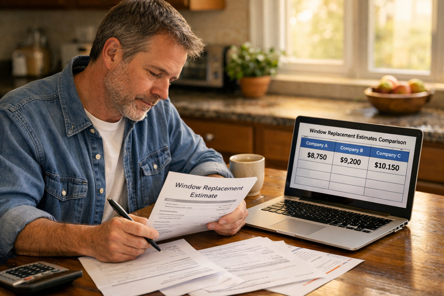 Homeowner reviewing window replacement estimates