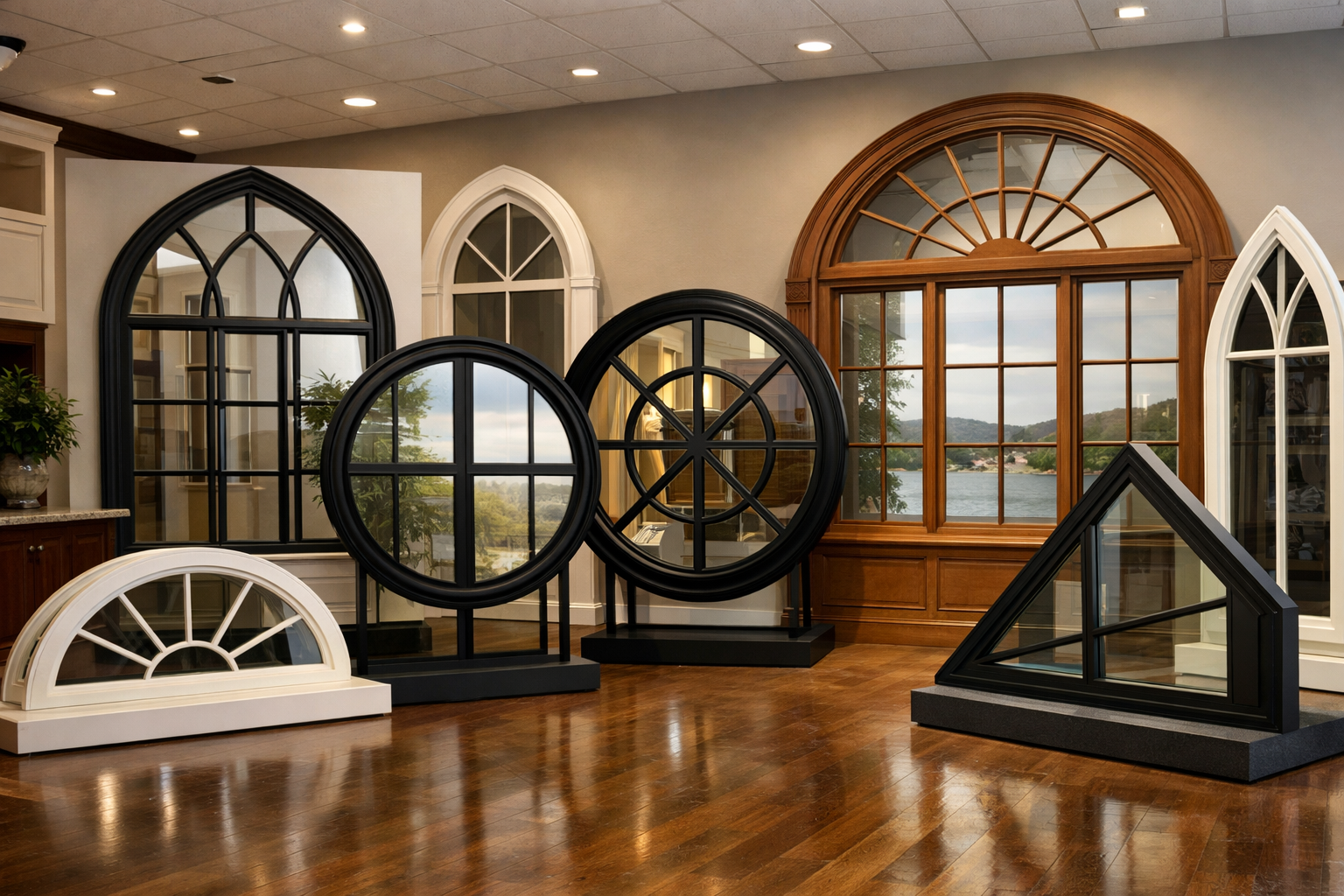Custom-shaped arched and circular windows in a showroom