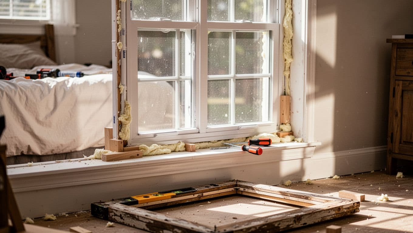 Close-up of a new white vinyl double hung window frame precisely fitted into the rough opening in a bright North Texas home bedroom, secured with foam insulation, caulk sealing, and shims, old frame aside on floor.