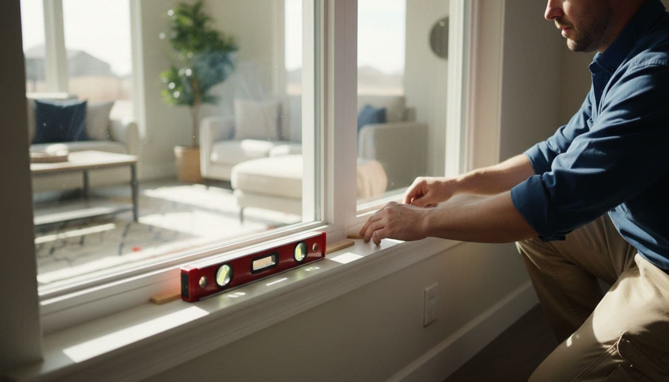 Precision Double Hung Window Fitting for Lake Dallas Homes 2 A professional installer in work clothes precisely measures and shims a white vinyl double hung window into a rectangular opening in a suburban home wall, with close focus on hands adjusting shims and a level tool nearby under natural daylight.