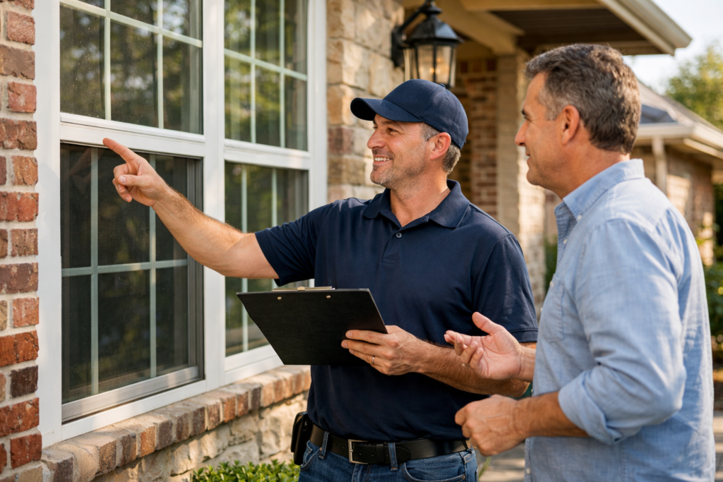 professional contractor discussing window replacement options with a homeowner outside a well-maintained Texas home, contractor holding clipboard and pointing at windows