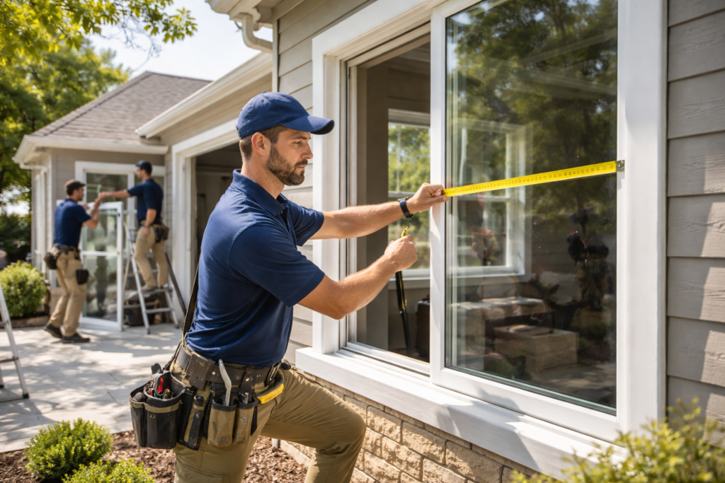 professional window replacement crew installing new energy-efficient windows on a modern North Texas suburban home, bright clear sky, clean landscaping, crew wearing uniforms,
