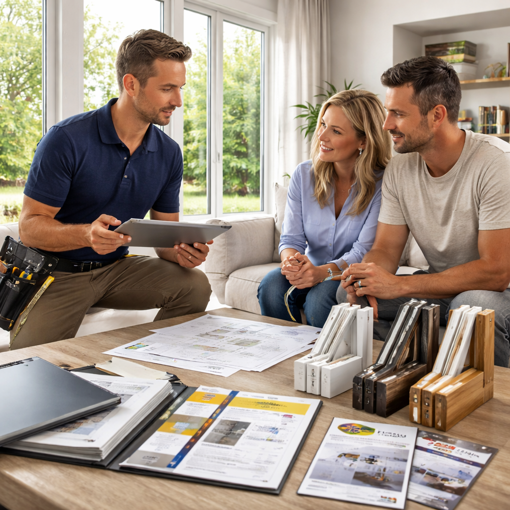 professional window specialist conducting a detailed consultation, holding a tablet and measuring tool