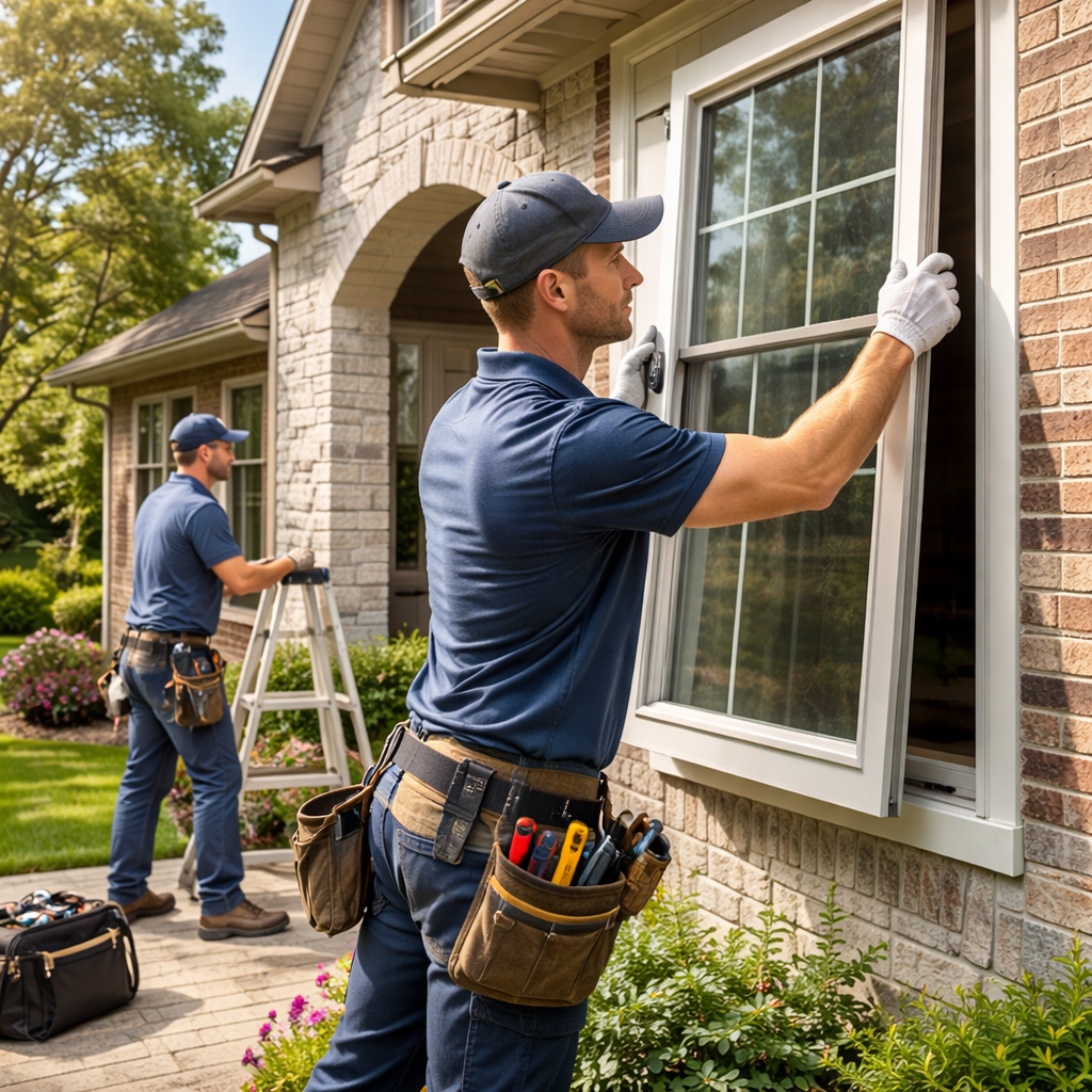 skilled window installer carefully fitting a modern energy-efficient window into a beautiful suburban home