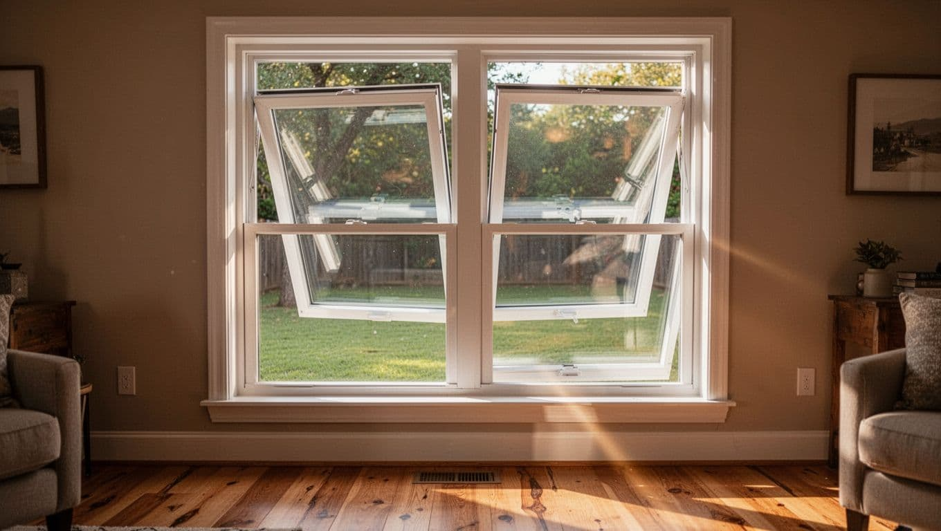 A sleek white double hung vinyl replacement window installed in a North Texas living room, sashes tilted inward for cleaning and ventilation, with sunlight through Low-E glass and backyard view.