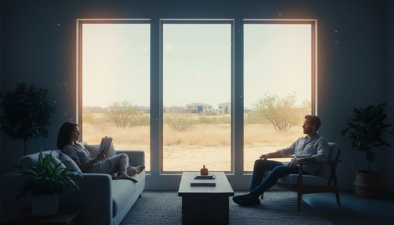 Two people relax in cool shaded modern interior behind windows blocking bright Texas summer sun outside.